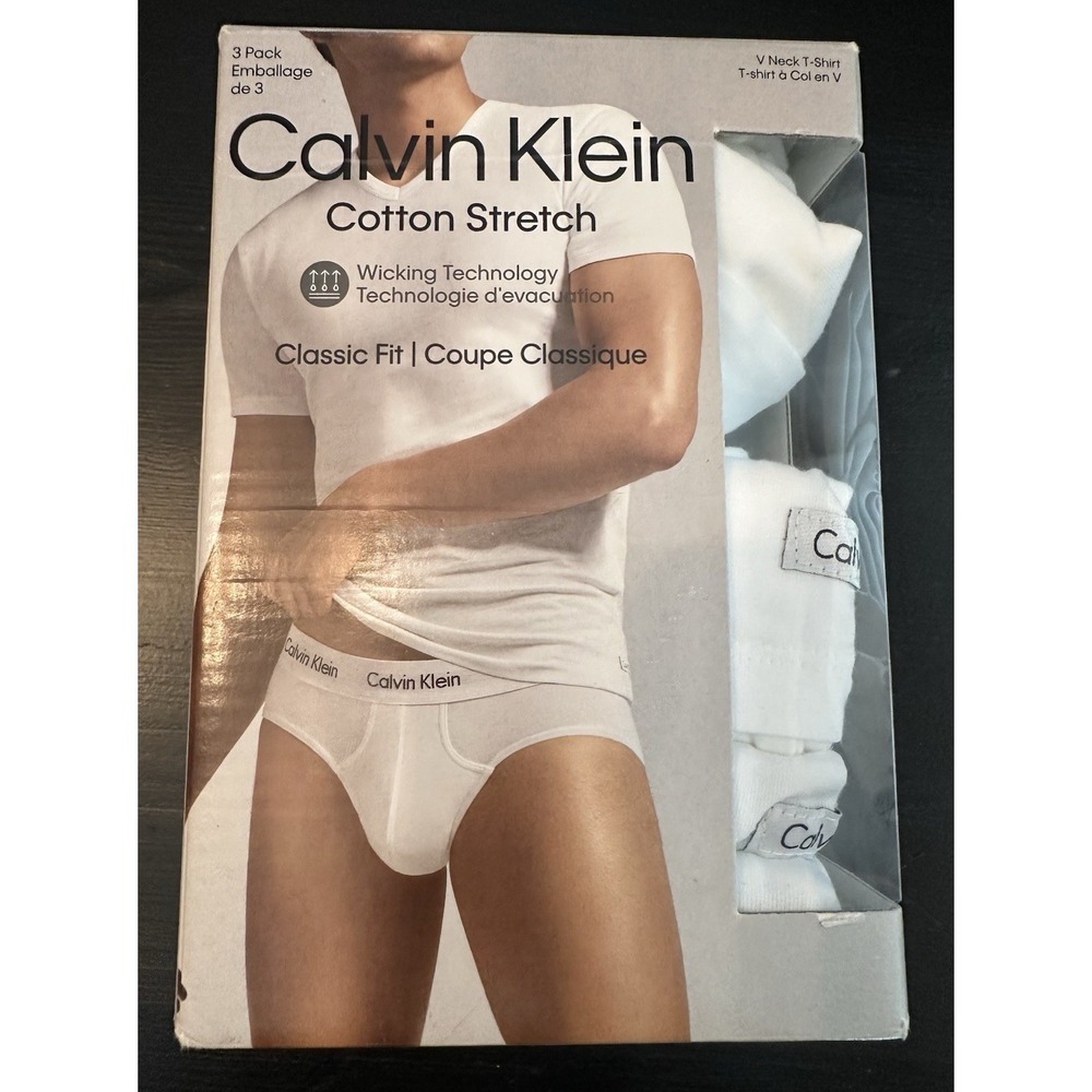 NWT Calvin Klein Cotton Classic Full Brief 3 Pack + White V-Neck Shirt Size L